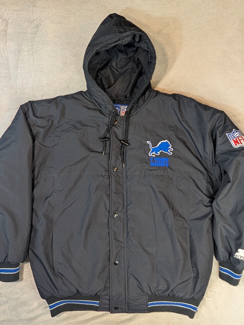 Vintage NFL Detroit Lions Starter Jacket Black W/ Blue Lining Heavy Puffer VGUC